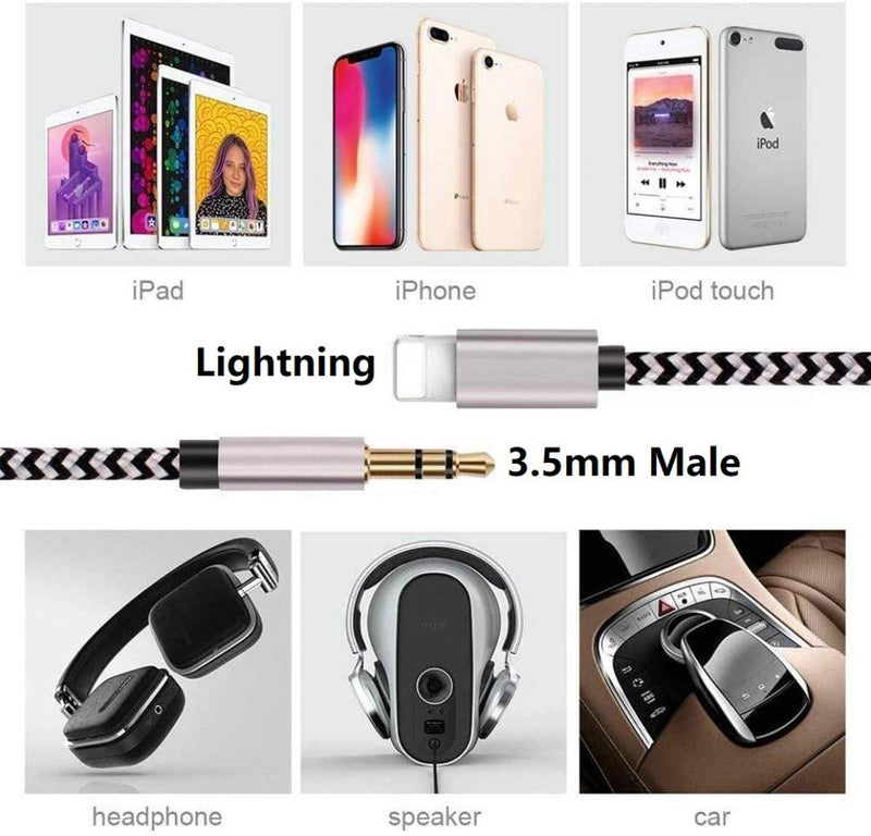 [Apple Mfi Certified] Lightning to 3.5mm Audio Cable,for iPhone 3.5 mm Headphone Jack Adapter Nylon Braided Aux Cord for iPhone 12/11/XS/XR/X/iPad to Car/Home Stereo, Speaker, Headphone - 3.3ft Silver