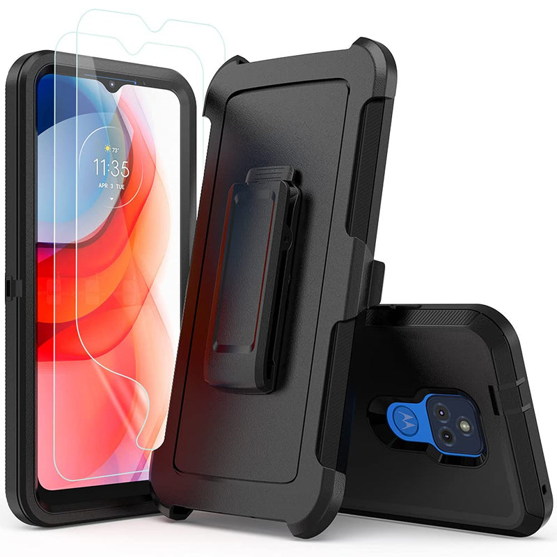 TENCO Compatible with Moto G Play 2021 Case,with Screen Protectors,Heavy Duty Rugged Shockproof Full Body Protection Kickstand Case with Belt Clip Holster for Moto G Play 2021 Black