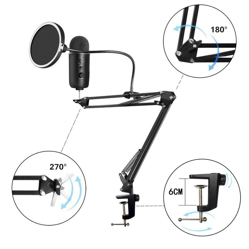 Microphone Stand, URMI Heavy Duty Table Microphone Arm Stand with Dual Layered Mic Pop Filter Suspension Boom Scissor Arm Stands for Recordings Broadcasting Streaming Singing for Blue Yeti Snowball Mic Arm Stand with Pop Filter