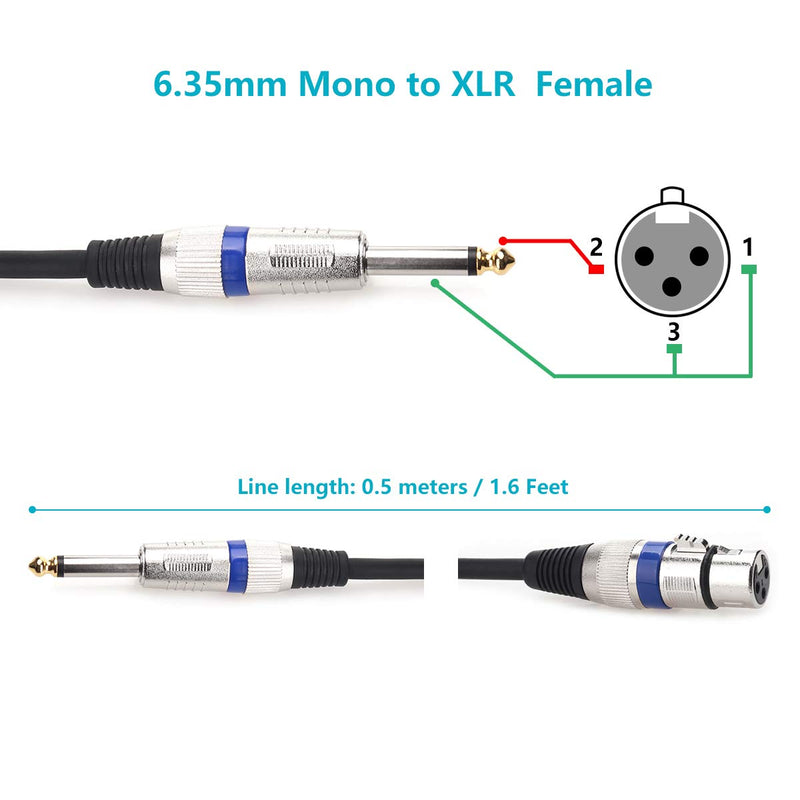 MOBOREST 6.35mm 1/4Inch TS Mono To XLR 3 Pin Female Microphone Cable, Unbalanced,Gold Plated for Microphones, Powered Speakers, Stage, DJ, Studio Sound Consoles (XLR Female-1.6Feet / 0.5Meters) XLR Female-1.6Feet / 0.5Meters