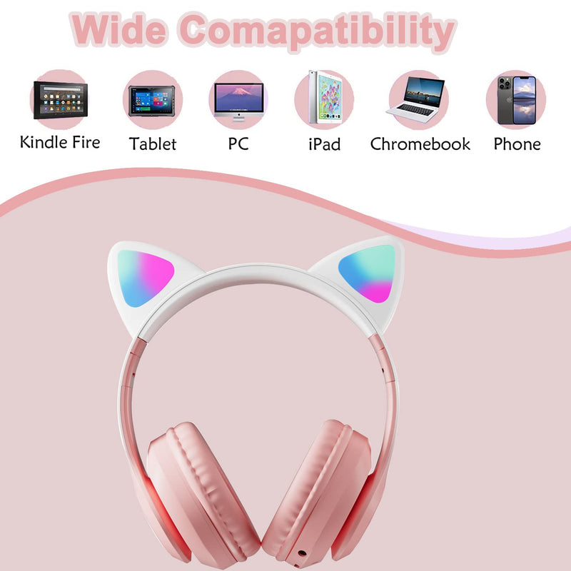 TOKANI Kids Headphones, Bluetooth Wireless Headphones for Kids Teens Adults, Over-Ear Bluetooth Headphones with Microphone, Cat Ear Headphones for Girls Women (New Pink) New Pink