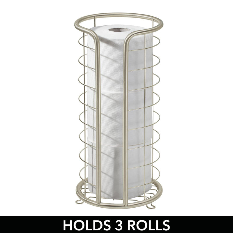 mDesign Metal Free Standing Toilet Paper Organizer Stand, 3 Rolls of Jumbo Toilet Tissue Storage, Bathroom Decor Accessory for Under Sink, Vanity, and Inside Cabinet Shelf, Omni Collection, Satin