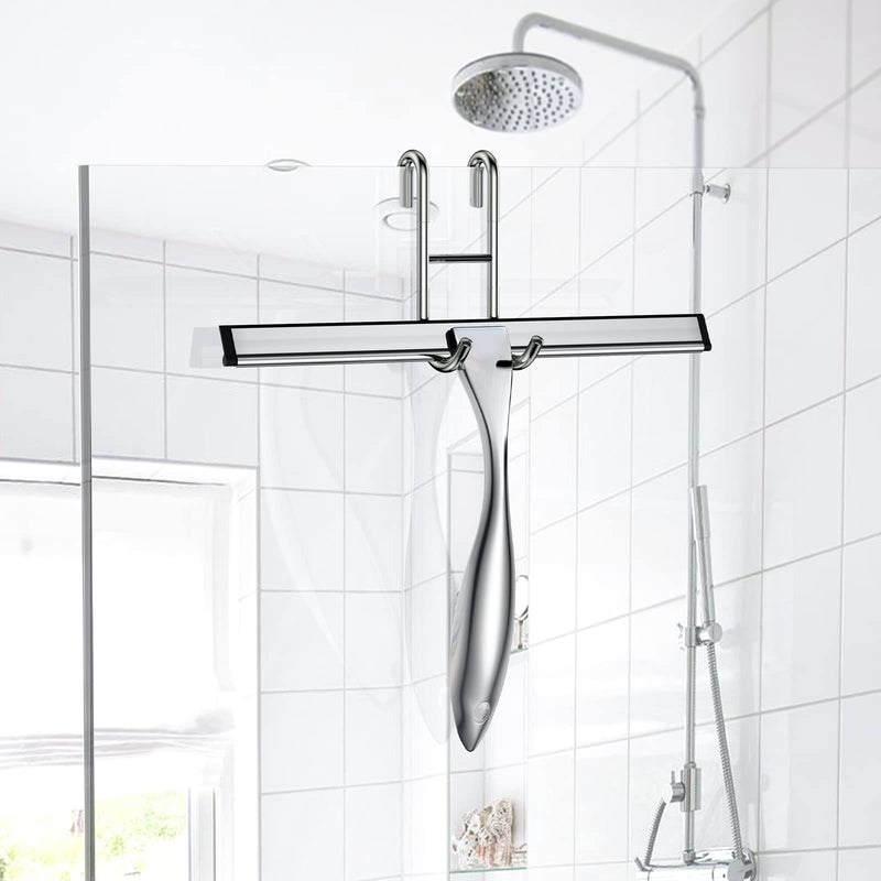 Shower Squeegee Set, 14-Inch Stainless Steel Squeegee, All-Purpose Squeegee for Bathroom, Shower Doors, Mirrors, Tiles, and Car Windows - 100% Streak Free, Includes Shower Door Hook and Adhesive Hook Silver