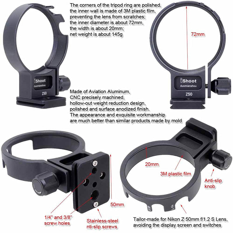 iShoot Metal Lens Collar Tripod Mount Ring Compatible with Nikon Z 50mm f/1.2 S, Lens Support Holder Bracket Bottom is Arca-Swiss Fit Quick Release Plate Dovetail Groove for Arca Type Ball Head Clamp