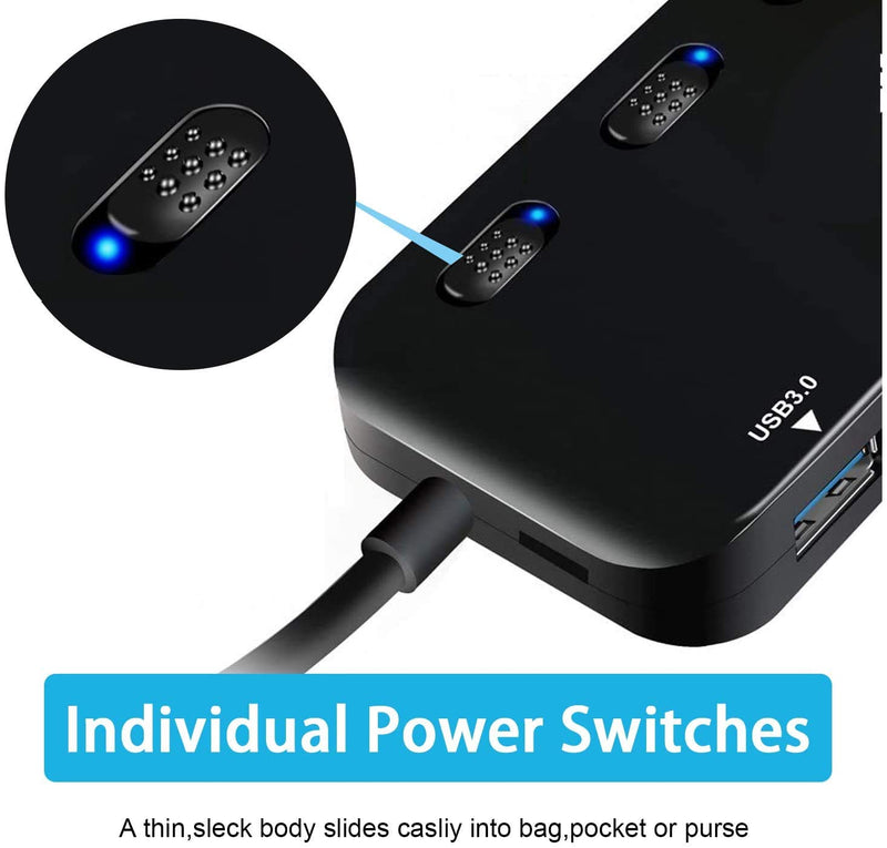4-Port USB 3.0 Hub with Individual Power Switches and Lights, High-Speed Data Hub Splitter Portable USB Extension Hub for PC Laptop and More