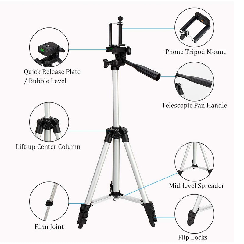 41" Extendable Tripod Stand, 3 in 1 Professional Camera Holder with Phone Clip Tripod Adjustable Tripod with Portable Bag for Mobile Phone Tripod Stand Holder, Maximum Load 1.5kg