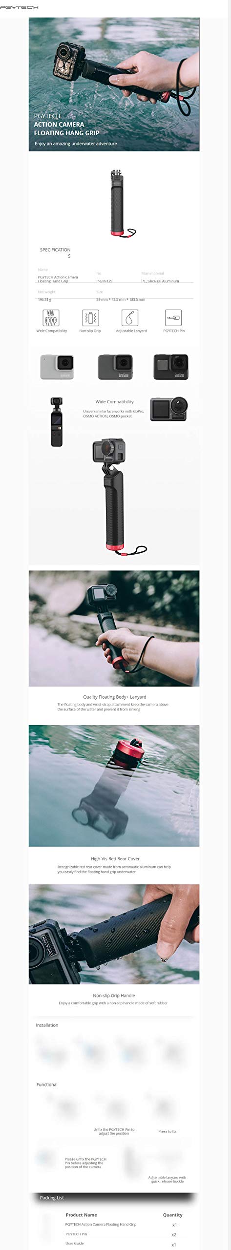 PGYTECH Huaye OSMO Compact Action 4K Waterproof Camera Cam Sports Floating Hand Grip Tripod Mini Compatible with DJI OSMO Action Camera Accessories (PGYTECH Action Camera Floating Hand Grip) PGYTECH Action Camera Floating Hand Grip