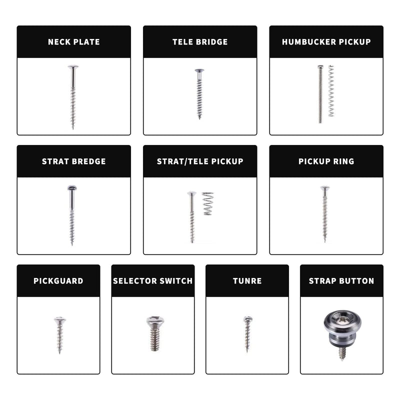 Cheerock Guitar Screws Kit for Electric Guitar Bridge, Pickup, Pickguard, Tuner, Switch, Neck Plate, 254 Pieces Guitar DIY Kit with A Elbow tweezers (9 Types, Sliver) silver