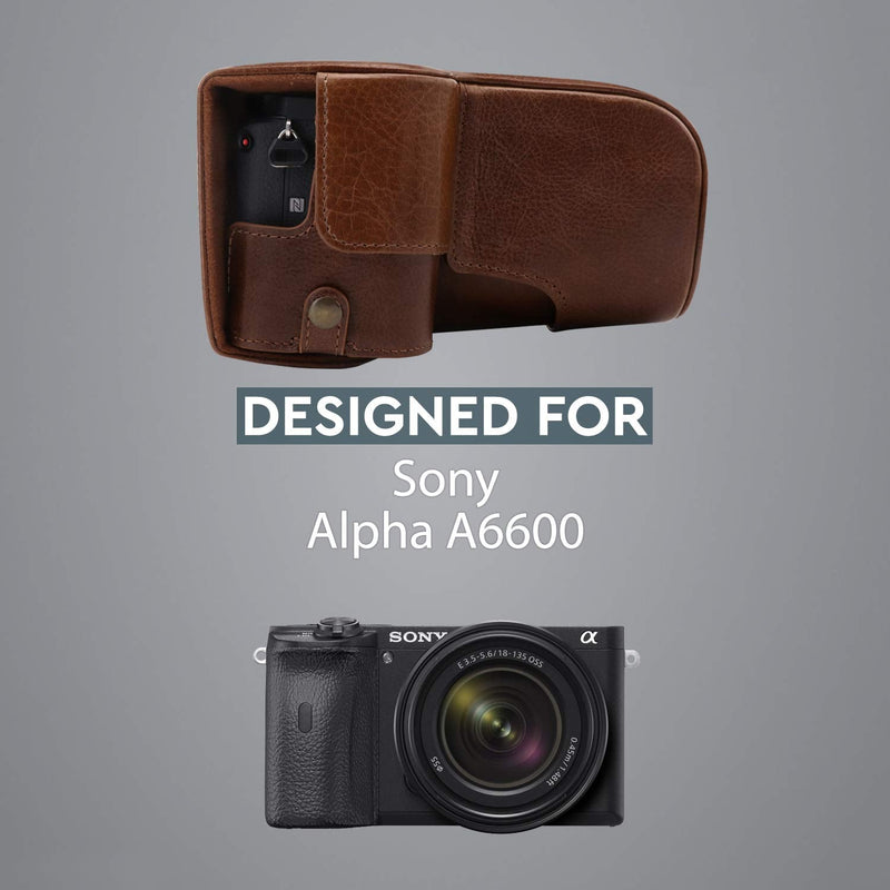 MegaGear Ever Ready Genuine Leather Camera Case Compatible with Sony Alpha A6600 Dark Brown