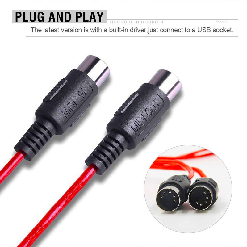 [AUSTRALIA] - USB MIDI cable Interface midi to USB IN-OUT Cable Converter for Mac PC Laptop to Music Piano keyboard 6.5Ft red 