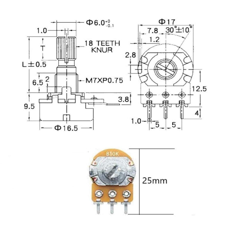 Dafurui 21Pcs[7 Values x 3pcs] B5K B10K B20K B50K B100K B250K B500K Rotary Potentiometer Linear Potentiometer Kit 3 Terminals 20mm Shaft with Nuts, Washers and Aluminum Alloy knobs