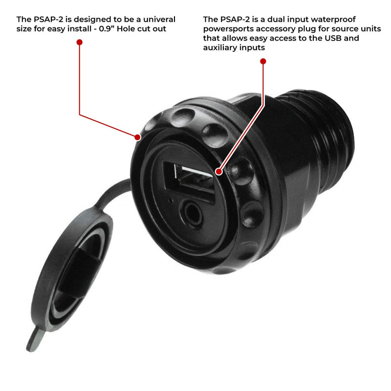 Waterproof dash mounted USB and 3.5mm input with RCA and USB extension cable, PSAP2