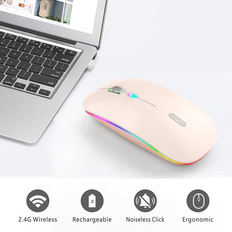 Uiosmuph LED Wireless Mouse, G12 Slim Rechargeable Wireless Silent Mouse, 2.4G Portable USB Optical Wireless Computer Mice with USB Receiver and Type C Adapter (Nude Pink) Nude Pink