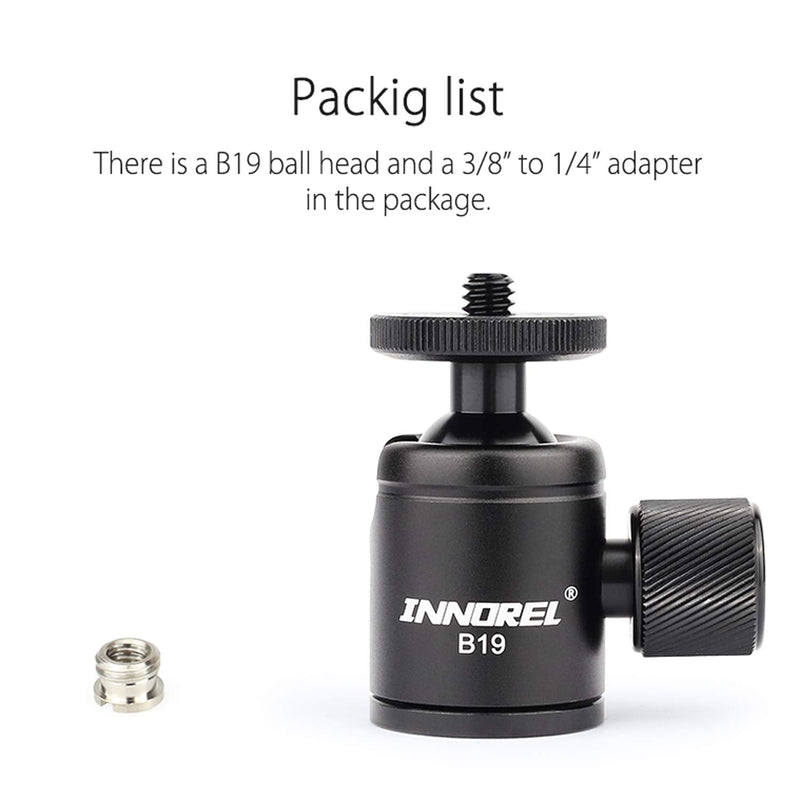 Mini Tripod Ball Head-INNOREL B19 Mount Head-Metal Ballhead 360° Pan 90° Tilt Tripods Mount with 3/8" to 1/4" Adapter CNC Ballheads,Max Load 6.61 lb for Phone/DLSR Camera/Mini Holder (1 Piece) 1 piece