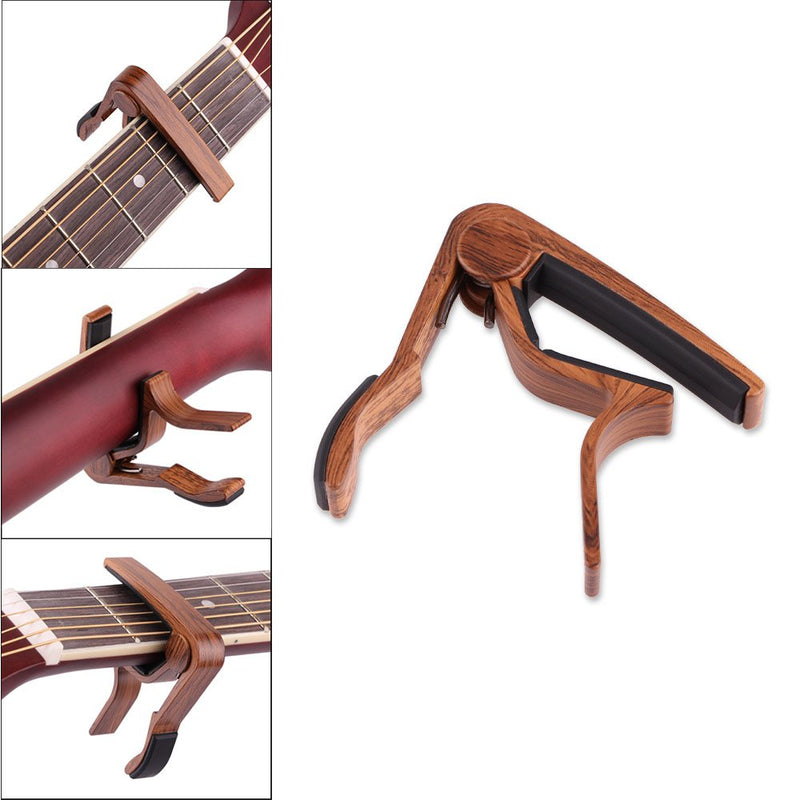 Guitar Picks Guitar Capo Acoustic Guitar Accessories Capo Key Clamp With Free 6 Pcs Guitar Picks and Black Leather Guitar Picks Holder (Wood Color)
