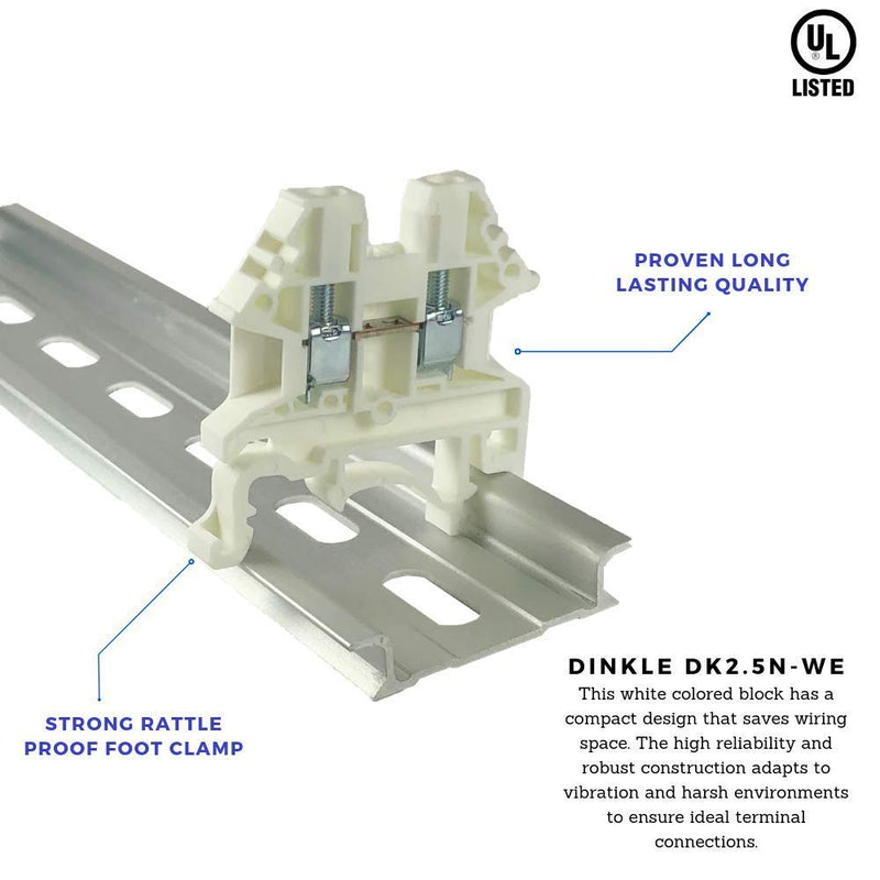 Dinkle White DK2.5N-WE DIN Rail Terminal Block Screw Type UL 600V 20A 12-22AWG, Pack of 50