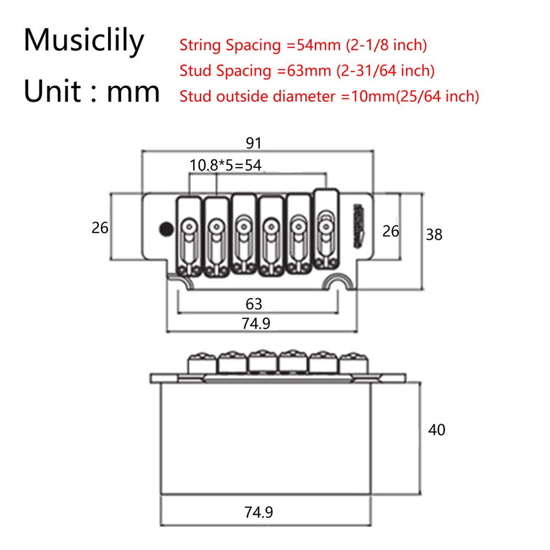 Wilkinson WVS50K 54mm 2-Point Locking Saddle Tremolo Bridge with Full Block for Squier Style Strat Electric Guitar, Chrome