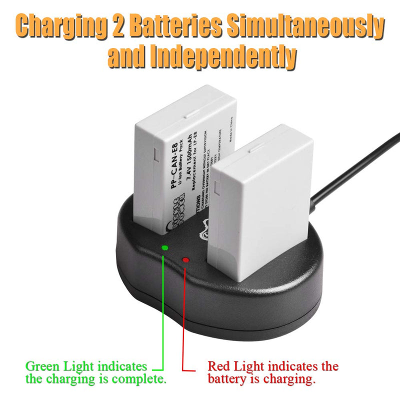 LP-E8 Battery 2 Pcs 1500mAh, 7.4V Replacement for Canon LP-E8 LP E8 Battery and Canon EOS Rebel T2i T3i T4i T5i EOS 550D 600D 650D 700D Kiss X4 X5 X6 Camera and Pickle Power Dual Slots USB Charger.