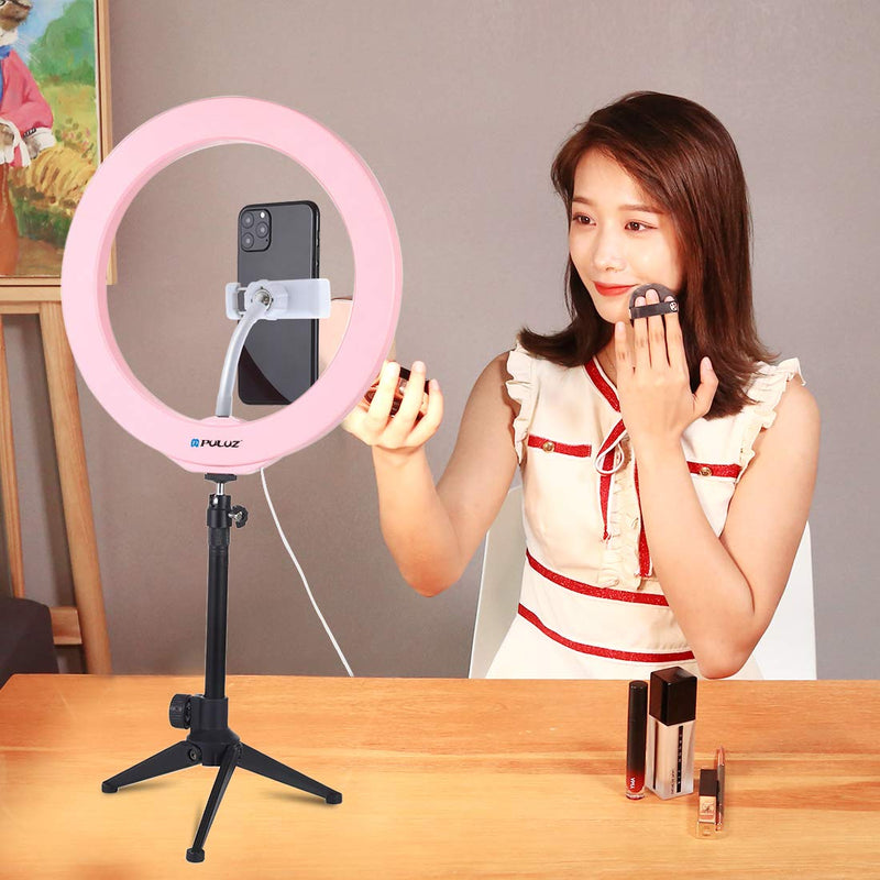 PULUZ 10.2 inch Selfie LED Ring Light Video Lights with Cold Shoe Tripod Ball Head & Phone Clamp for Make-up and YouTube Video vlogging Equipment Pink 10.2 inch