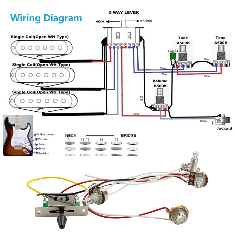 QUCUMER Guitar Wiring Harness Set, 3 Way Toggle Switch Guitar 500 K Wiring Harness Kit Guitar Wiring Kit with 1 Volume x 2 Tone Control Knob for Dual Humbucker Gibson Les Pual Style Guitar