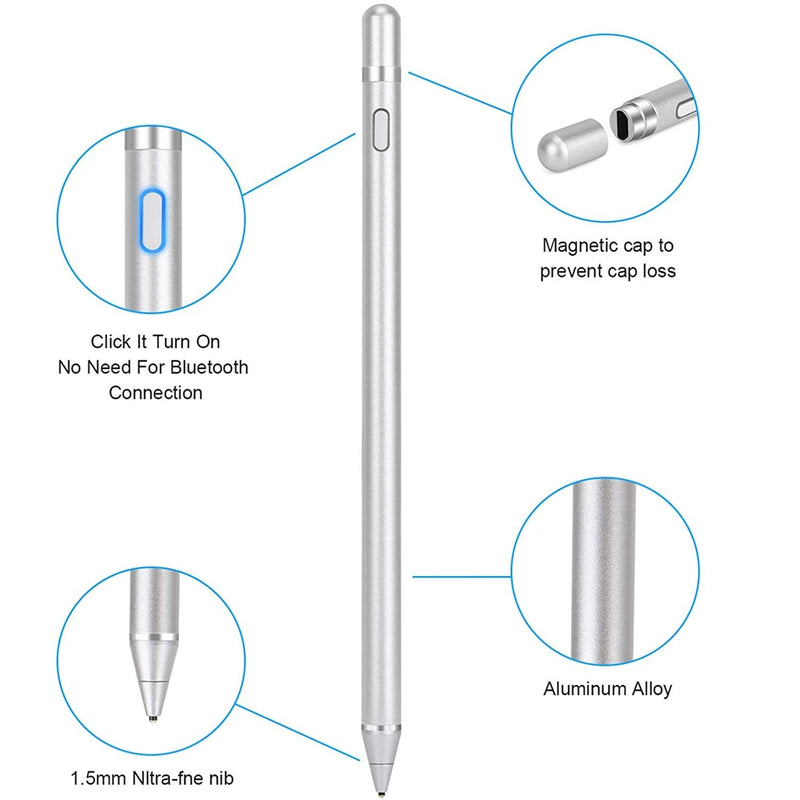 Smart Stylus Pen for Touch Screens, Rechargeable 1.45mm Precise Point Control Active Stylus Pen with USB Cable, Compatible with Most Tablets, Suitable for Most Touch Screen Devices (Silver) Silver