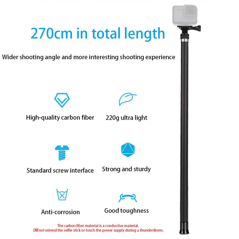 better18 2.7m Ultra Long Selfie Stick Tenacity Carbon Fibre Extendable Handheld Monopod 180 Degree Flexible Rotation for Gopro 6/5/4/3 /3/2/1Digital Camera and Most of Other Digital Camera