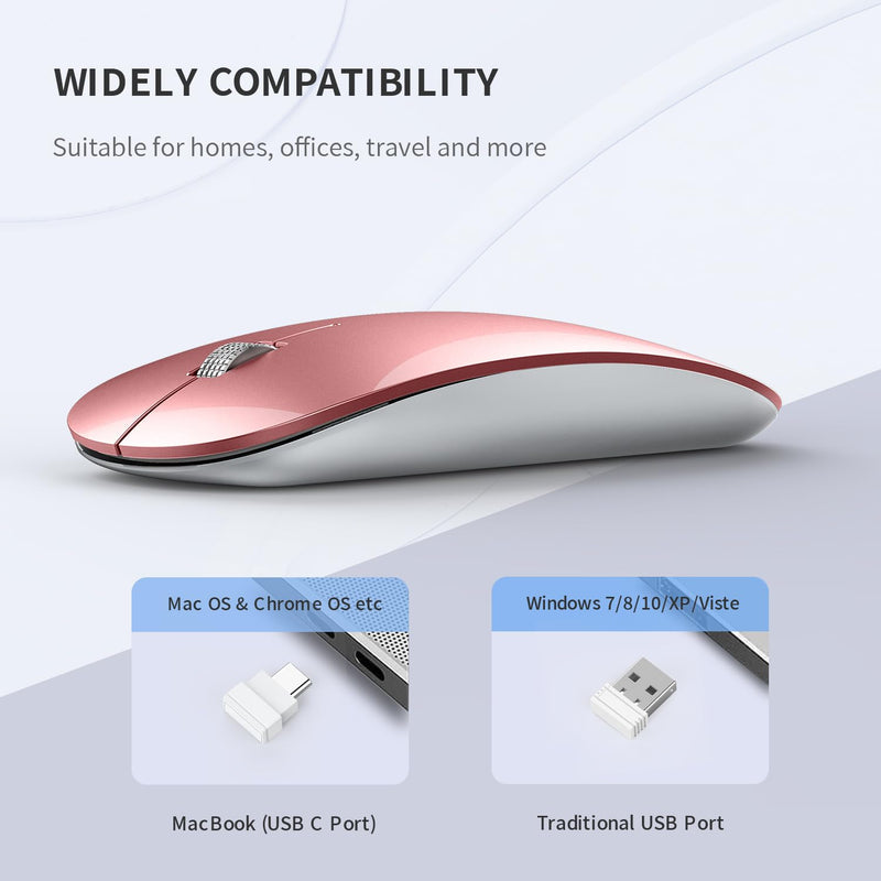 [AUSTRALIA] - Uiosmuph Wireless Mouse, USB C Rechargeable Computer Mouse, Slim Silent Mice 2.4GHz Optical with USB Nano Receiver and Type C Receiver for Laptop/Mac/PC Rose Gold 