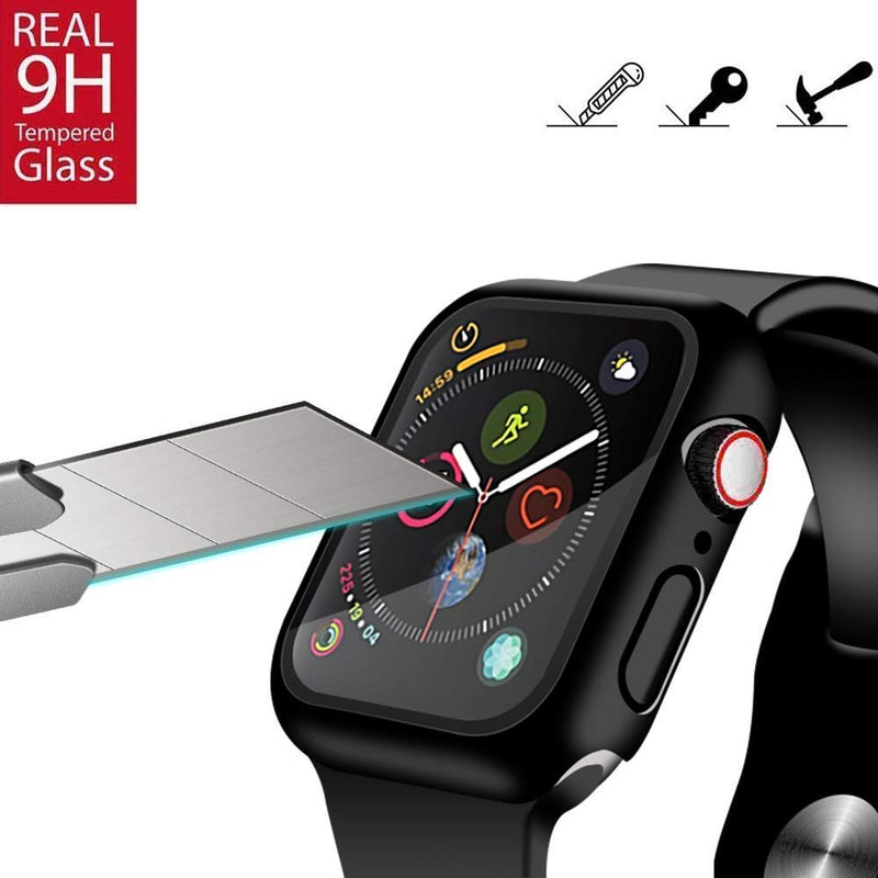 [2 Pack] Compatible for Apple Watch 38mm Series3/2/1 Tempered Glass Screen Protector with Hard Black Case, YMHML Full Coverage Easy Installation Bubble-Free Cover for iWatch Accessories