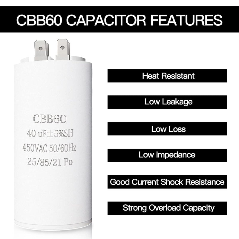 40UF CBB60 Motor Run Capacitor, 450VAC 50/60HZ Cylindrical Capacitor for Motor Run, Washing Machines, Air Conditioners and Water Pumps 40uf