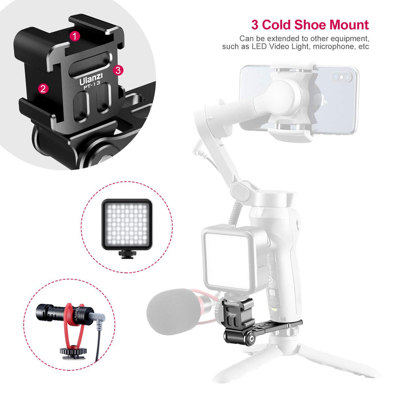 Ulanzi PT-13 Triple Cold Shoe Gimbal Microphone Mount Extenstion Bar, w 1/4 inch Adapter Video Light Microphone Mount Compatible for Zhiyun Smooth q 4 Feiyu DJI Gimbal Stabilizer