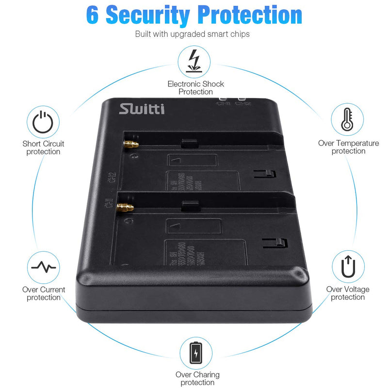 Switti NP-F750 Battery, 2-Packs 5600mAh Li-ion Replacement Batteries with Dual Slot USB Charger for Sony NP-F550, F570, F750, F770, F930, F950, FM55H, FM500H, QM71, QM91, QM71D and Video Light