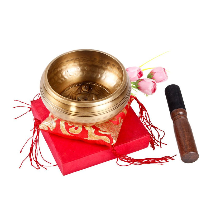 Tibetan Singing Bowl Set ~ Buddha Figure Design ~ Maha Bodhi 4 Inch Wide Authentic Meditation Gong for Relaxation and Chakra Healing ~ Completely Hand Carved ~ Perfect Gift