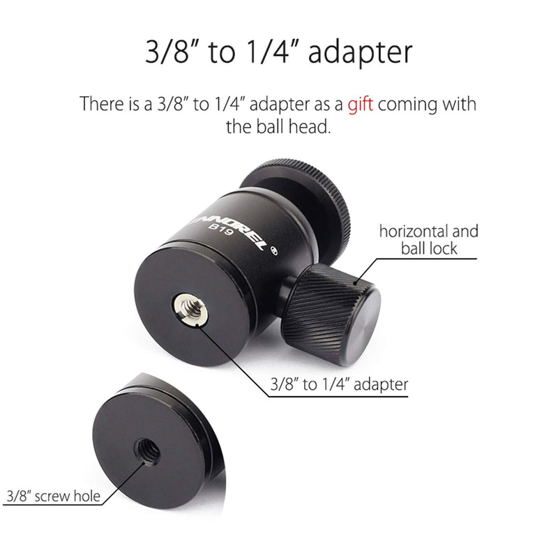 Mini Tripod Ball Head-INNOREL B19 Mount Head-Metal Ballhead 360° Pan 90° Tilt Tripods Mount with 3/8" to 1/4" Adapter CNC Ballheads,Max Load 6.61 lb for Phone/DLSR Camera/Mini Holder (1 Piece) 1 piece