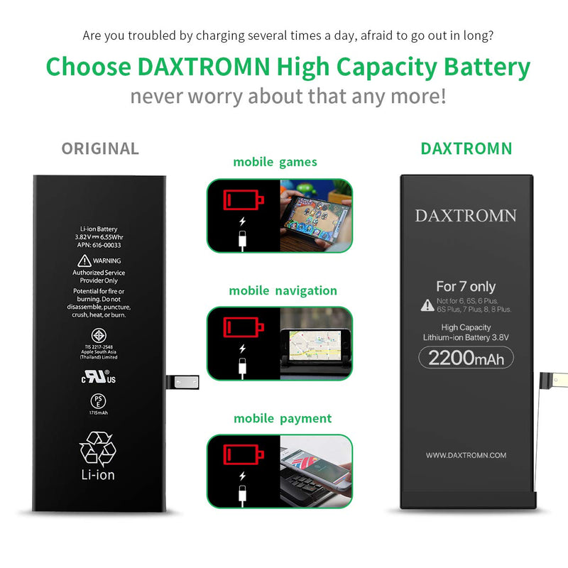 Replacement Battery for iPhone 7, DAXTROMN 2200mAh High Capacity Li-ion Battery 0 Cycle - with Complete Repair Tool Kits and Adhesive Strips - 2 Years Warr