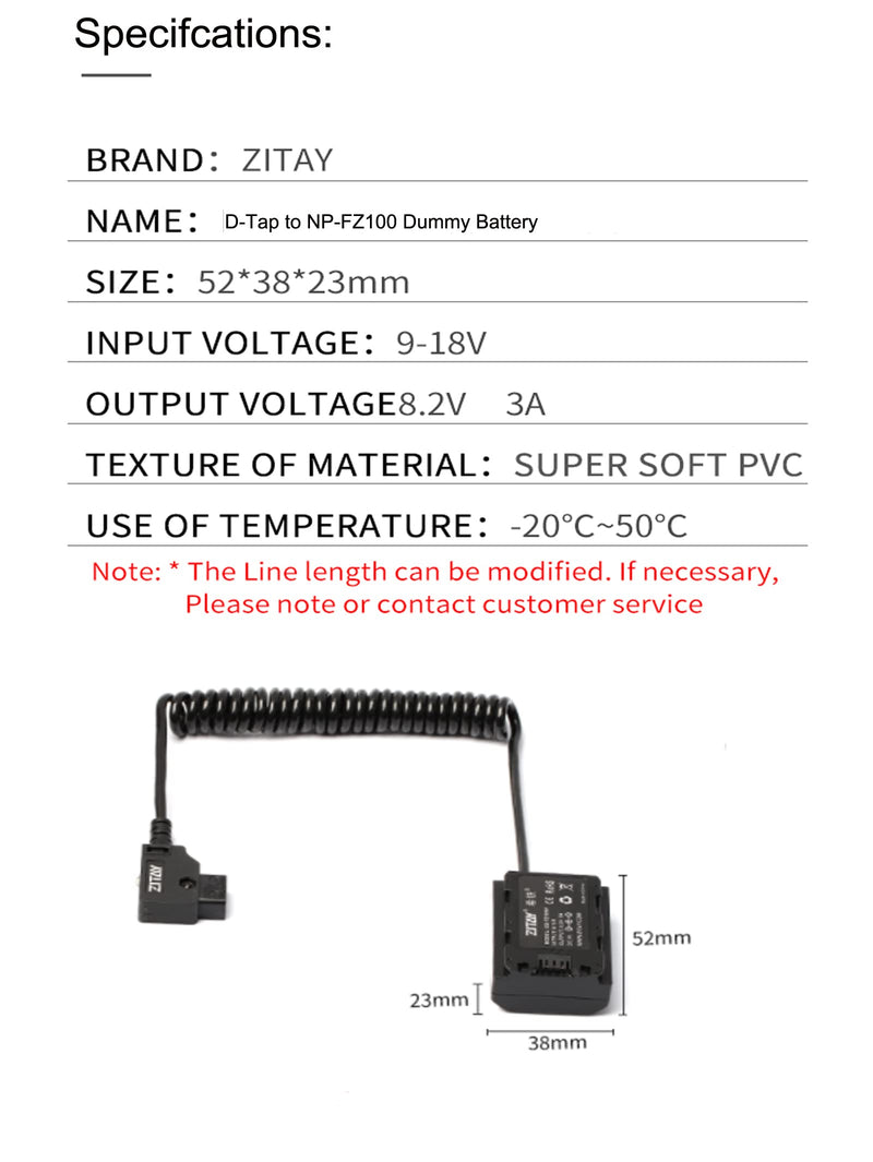 ZITAY D-tap to NP-FZ100 Dummy Battery Coiled Power Cable Cord Adapter Compatible for Sony A6600 A7C Camera