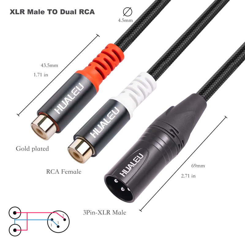 HUALEU 1FT XLR to 2 RCA Y Splitter Patch Cable, Dual RCA Female to XLR Male,XLR Male to Dual RCA Female Audio Cable Adapter for Speaker Condenser Mic Mixer AMP, XLR Male to Dual RCA