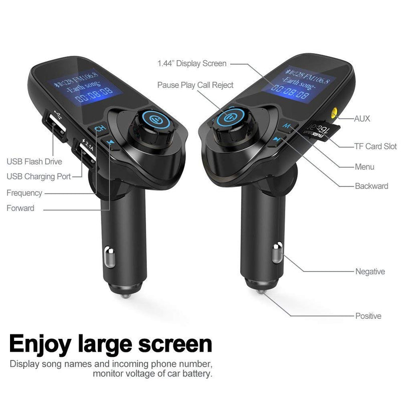 Nulaxy Bluetooth Car FM Transmitter Audio Adapter Receiver Wireless Handsfree Voltmeter Car Kit TF Card AUX USB 1.44 Display - KM19 Black