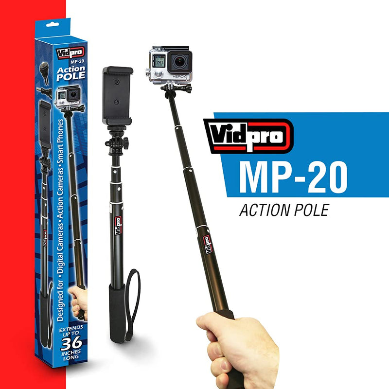 Vidpro MP-20 Action Pole - Lightweight 36-inch Extendable Aluminum Monopod Collapses down to 10 inches Includes Integrated Mount for GoPro Phone Clamp and Tripod Adapter Perfect for Cameras Camcorders and DSLRs
