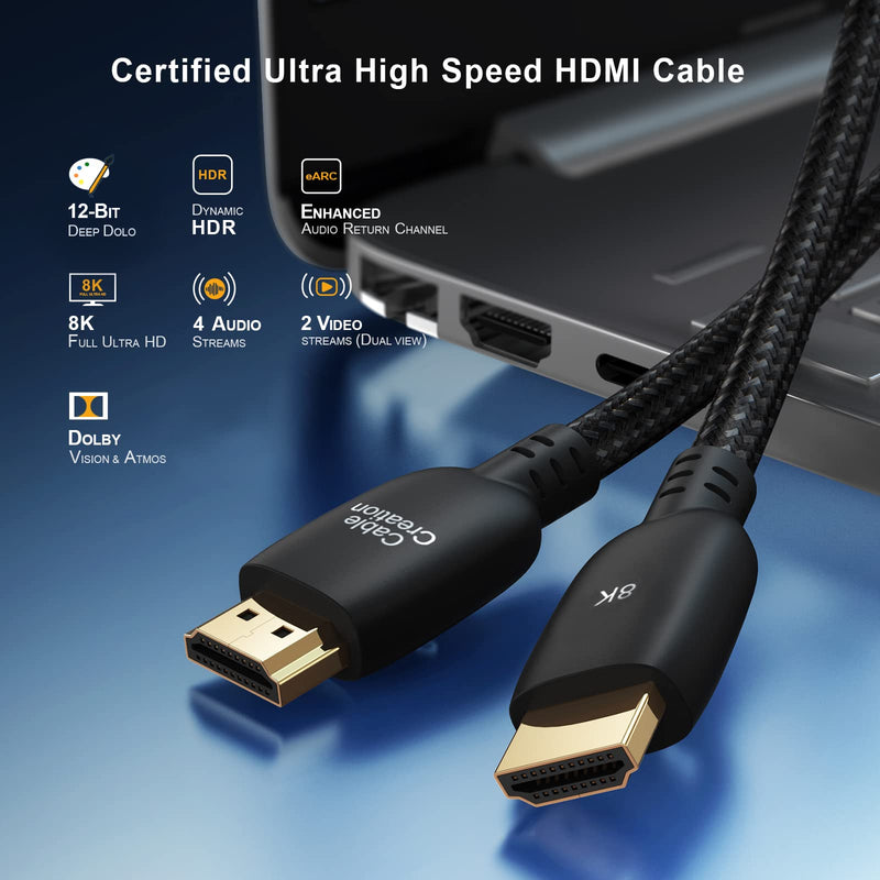 CableCreation HDMI Cable 8K 6FT Braided, 8K Ultra High Speed HDMI Cable 48Gbps 8K 60 4K 120 144Hz eARC HDR for Gaming PS5 PS4 Xbox Series X Roku TV 6.6ft