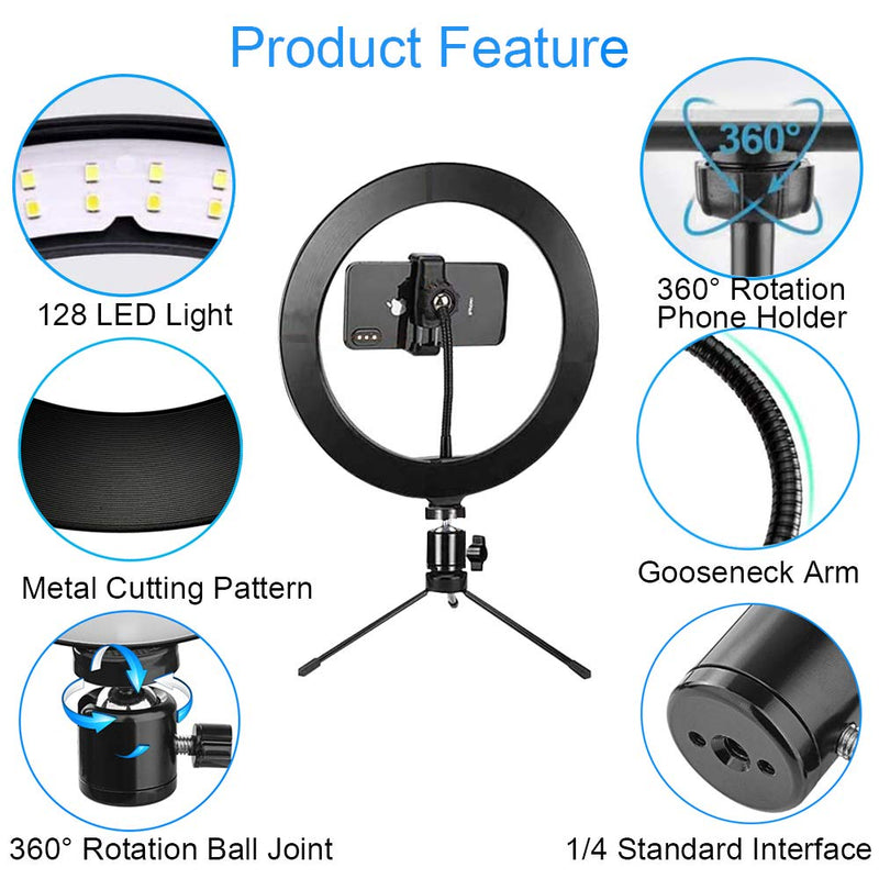10" LED Ring Light with Tripod Stand & Remote Control & Phone Holder for YouTube Video/Live Stream/Makeup/Photography with 3 Light Modes & 10 Brightness Level for iPhone/Android