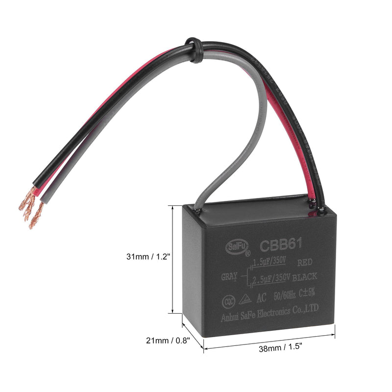 uxcell Ceiling Fan Capacitor CBB61 1.5/2.5uF 350V AC 3 Wires Metallized Polypropylene Film Capacitor 38x31x21mm for Electric Fan Pump Motor Generator 3Pcs