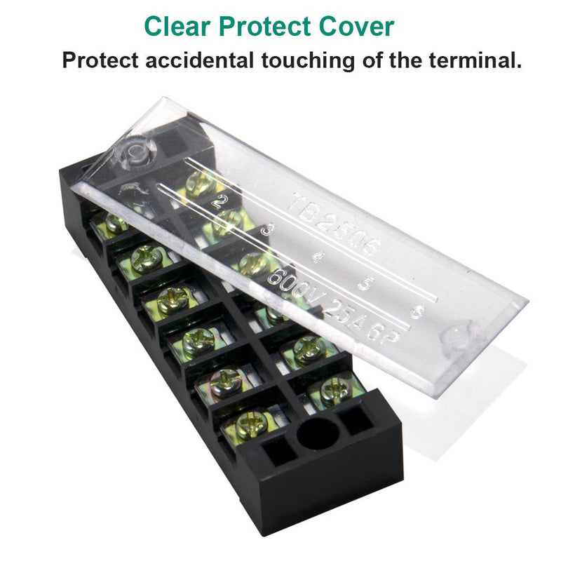 MILAPEAK Terminal Block and Strip - 5pcs 6 Positions 600V 25A Dual Row Screw Terminal Strip with Cover + 10pcs 400V 25A 6 Positions Pre-Insulated Terminal Barrier Jumper Strips Black & Red 25A 6P+10pcs Jumpers