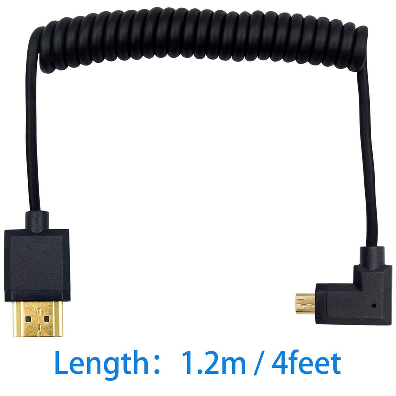 Duttek Micro HDMI to Standard HDMI Cable, Micro HDMI to HDMI Coiled Cable, Extreme Slim Left Angled Micro HDMI Male to HDMI Male Coiled Cable for 1080P, 4K, Ultra HD, 3D (1.2M/4FT) Left Angled 1.2M