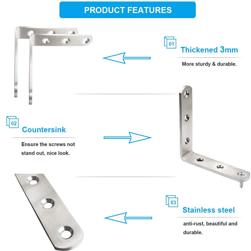 JUBEIJIA 5 Pcs Heavy Duty Stainless Steel Corner Braces 80 x 80 x 20mm L Shaped Corner Brackets 90 Degree Joint Right Angle Brackets for Wood with Screw