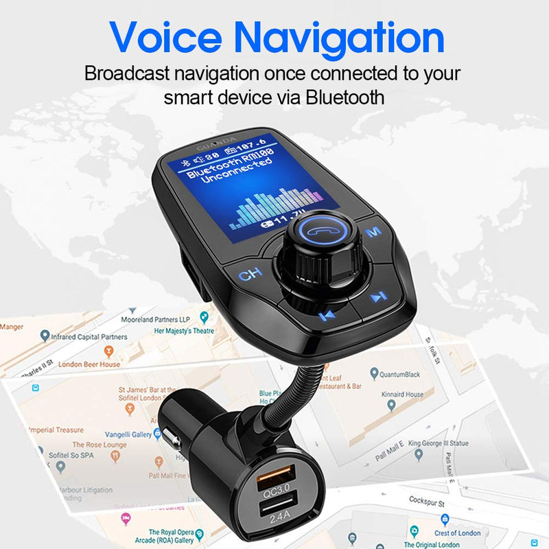 Guanda Bluetooth FM Transmitter for Car, Bluetooth Car Adapter, 4-in-1 Car MP3 Player with 1.8 Inch Color Display, AUX Input/Output, 3 Port USB, S Handsfree Call, SD/TF Card, USB Disk,QC3.0,5 EQ Modes Large Port-USB A Black