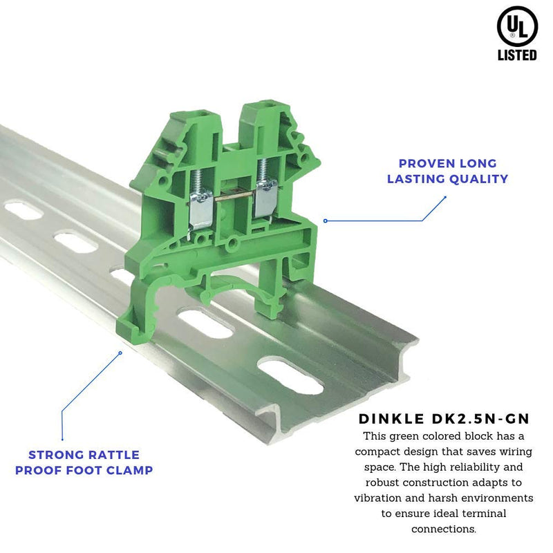 Dinkle Green DK2.5N-GN DIN Rail Terminal Block Screw Type UL 600V 20A 12-22AWG, Pack of 100
