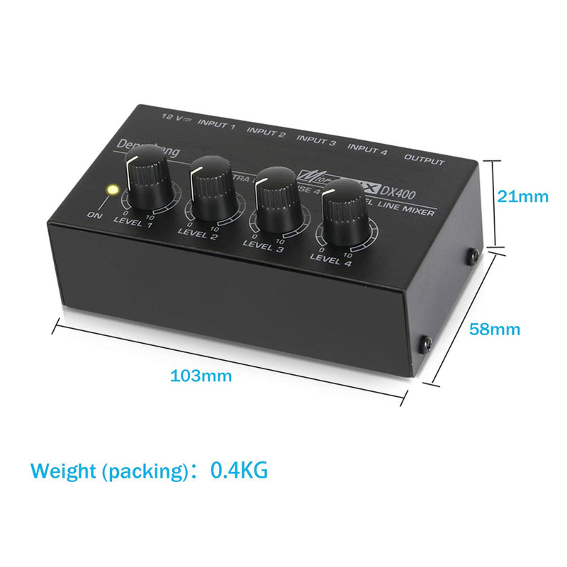 [AUSTRALIA] - Depusheng DX400 4 Channels Mixer Mixing Console Ultra Compact Low Noise Line Mono Audio Mixer with Power Adapter Black 