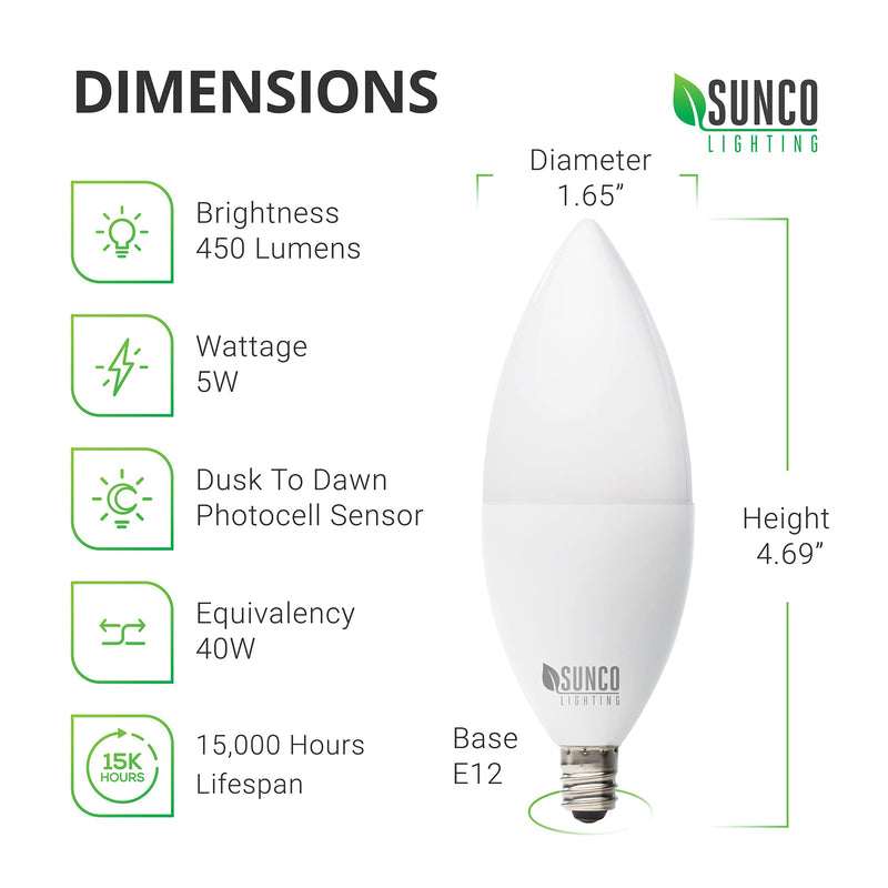 Sunco Lighting 10 Pack B11 LED Candelabra Bulb, Dusk-to-Dawn, 5W=40W, 3000K Warm White, 450 LM, E12 Base, Outdoor Decorative Light for Sconces - UL