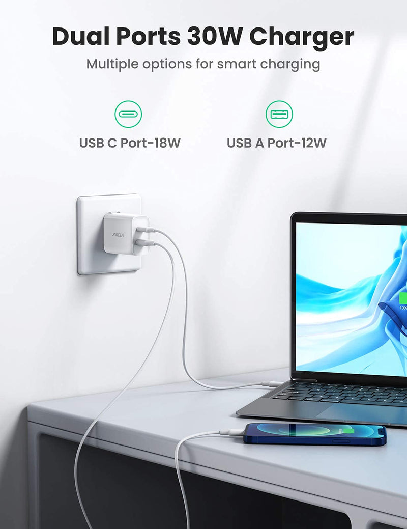 UGREEN 30W USB C Wall Charger - 2 Port Fast Charger with 18W USB C Power Adapter Foldable Plug Compatible for iPhone 12/12 Mini/12 Pro Max/11/SE/XR/XS, iPad Pro, Pixel, Galaxy, Airpods Pro