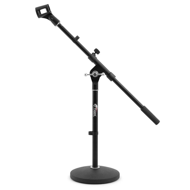 Tiger MCA42-BK Desktop Boom Microphone Stand - Weighted Round Base Black & Tiger MCA84-BK Universal Rubber Grip Microphone Clip + Clip